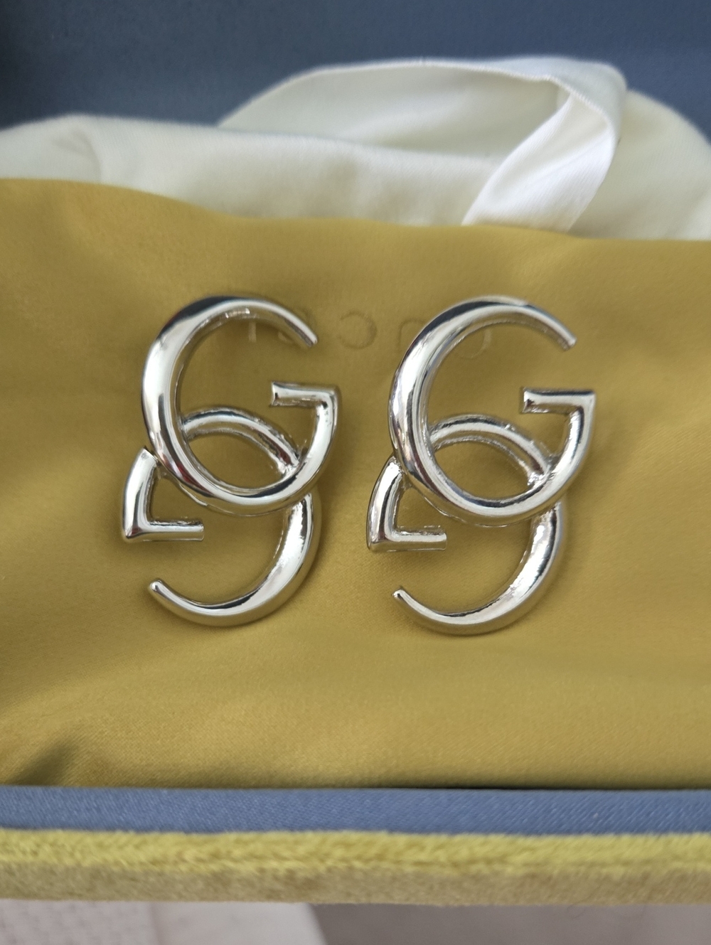 Last 1 Lrg 1.3" New Silver Double G Logo Earrings - Statement Pc. Price Drop